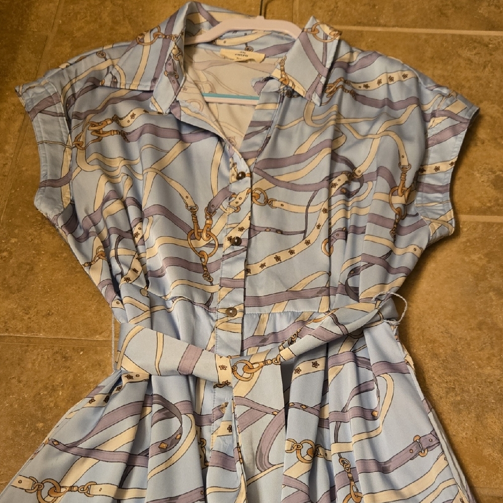 Entro Blue and Cream Belt Pattern Dress